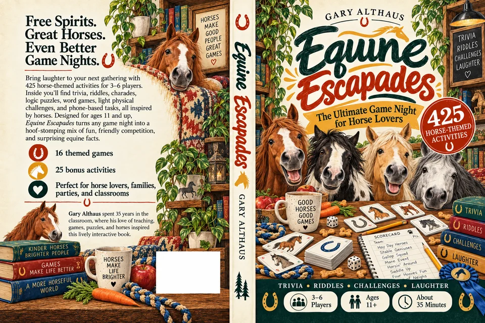 Full cover artwork of Equine Escapades: back cover, spine and front cover.