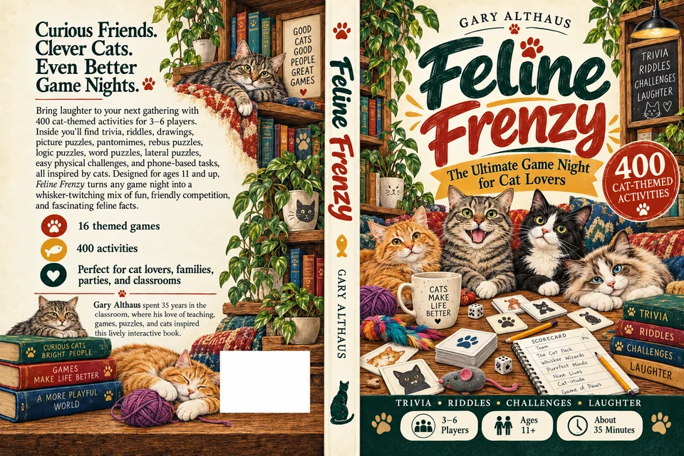 Full cover artwork of Feline Frenzy: back cover, spine and front cover.