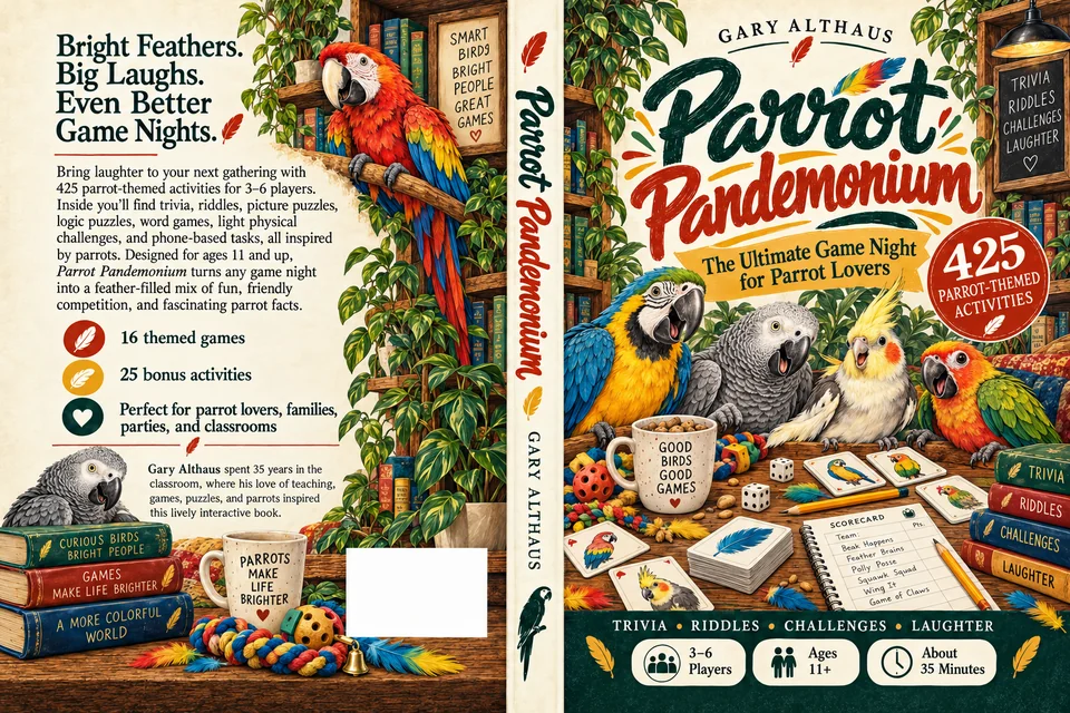 Full cover artwork of Parrot Pandemonium: back cover, spine and front cover.